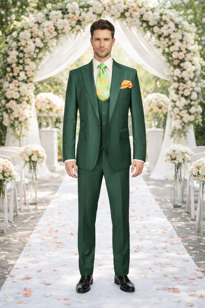 Rossiman Hunter Green Slim Fit Men’s Suit | 3-Piece Vested Set with Flat Front Trousers – Italian Tailored Elegance