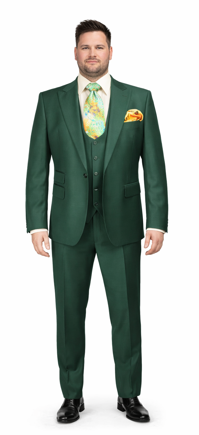 Rossiman Hunter Green Slim Fit Men’s Suit | 3-Piece Vested Set with Flat Front Trousers – Italian Tailored Elegance
