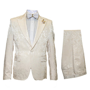 Rossiman Men’s Champagne Ivory Jacquard Paisley Tuxedo – Satin Shawl Lapel