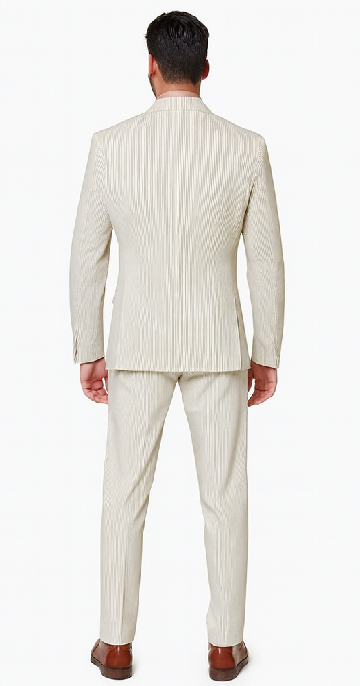 Rossiman Men’s Beige Seersucker Suit – Peak Lapel  Suit with Tone-on-Tone Shadow Stripe