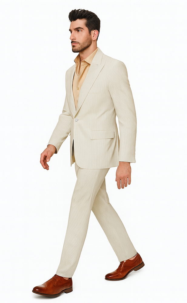 Rossiman Men’s Beige Seersucker Suit – Peak Lapel  Suit with Tone-on-Tone Shadow Stripe