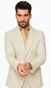Rossiman Men’s Beige Seersucker Suit – Peak Lapel  Suit with Tone-on-Tone Shadow Stripe