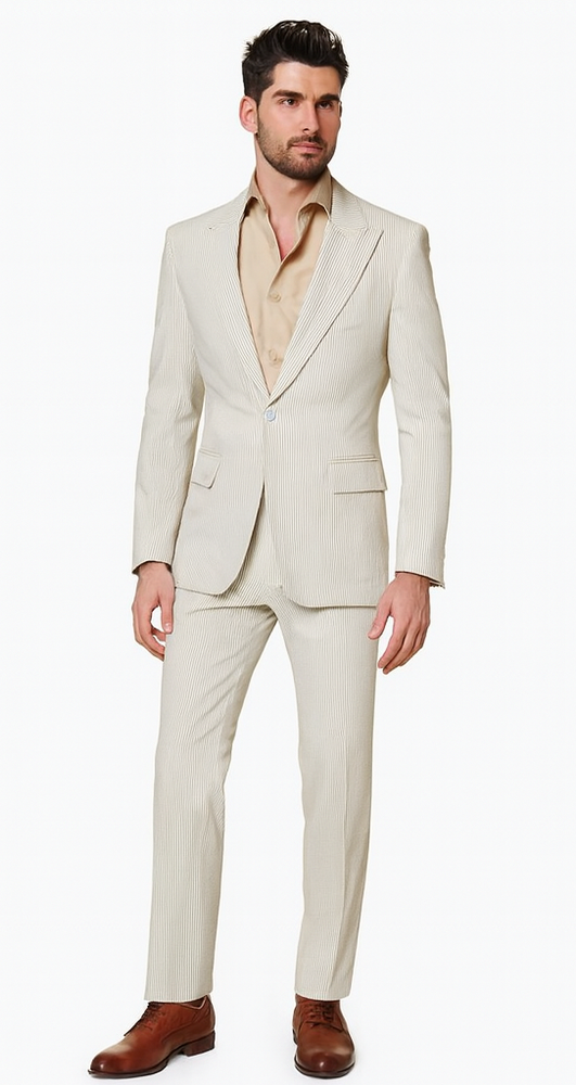 Rossiman Men’s Beige Seersucker Suit – Peak Lapel  Suit with Tone-on-Tone Shadow Stripe