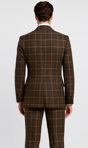 Rossiman Men’s Brown Windowpane Plaid Double-Breasted Wool Suit – Classic Formalwear