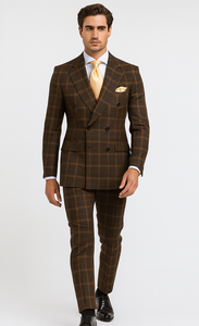 Rossiman Men’s Brown Windowpane Plaid Double-Breasted Wool Suit – Classic Formalwear
