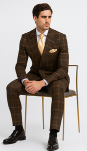 Rossiman Men’s Brown Windowpane Plaid Double-Breasted Wool Suit – Classic Formalwear