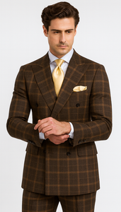 Rossiman Men’s Brown Windowpane Plaid Double-Breasted Wool Suit – Classic Formalwear