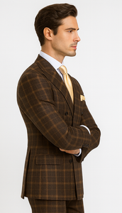 Rossiman Men’s Brown Windowpane Plaid Double-Breasted Wool Suit – Classic Formalwear