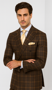 Rossiman Men’s Brown Windowpane Plaid Double-Breasted Wool Suit – Classic Formalwear