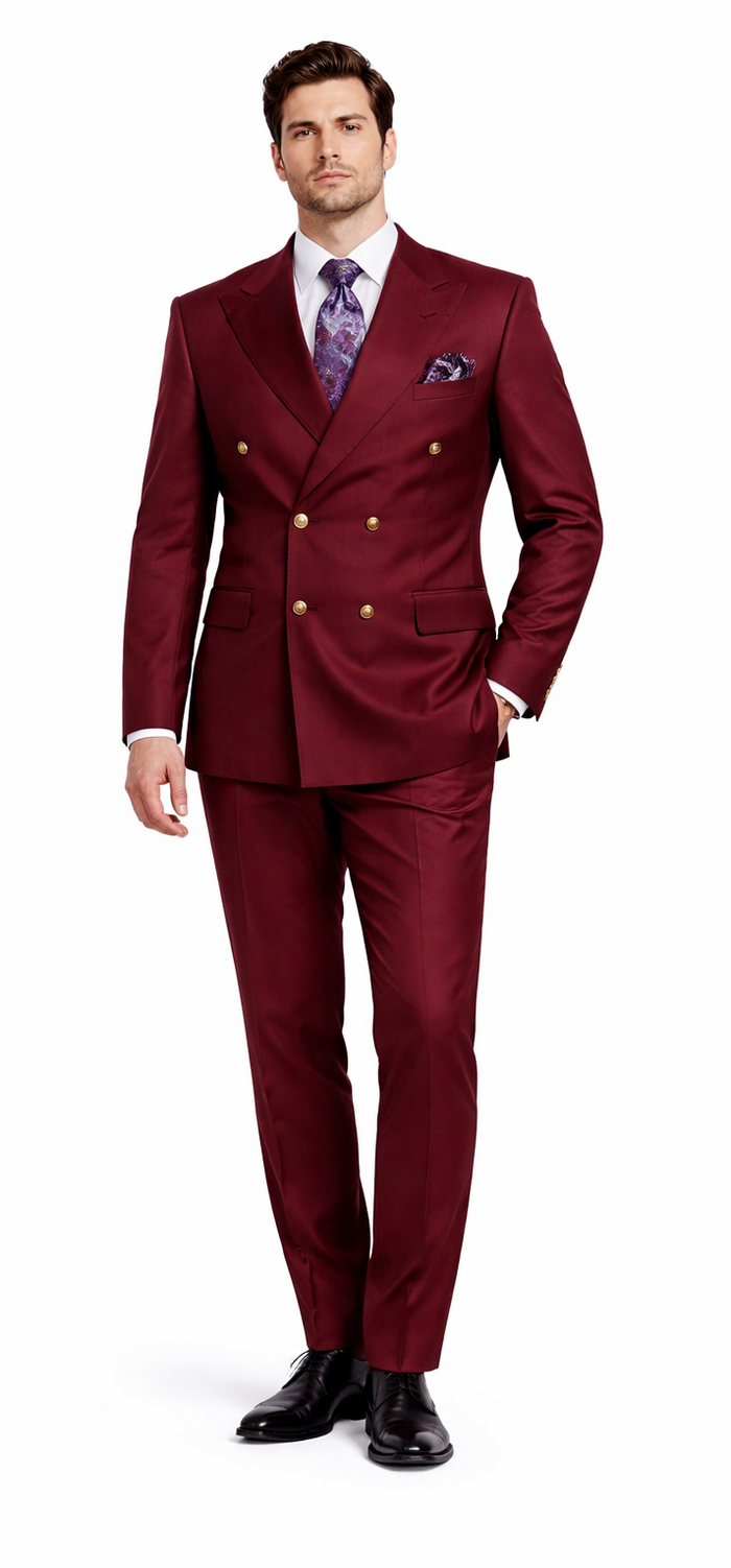 Rossiman Men’s Burgundy Slim Fit Double-Breasted Suit – Modern Two-Piece Formalwear