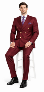 Rossiman Men’s Burgundy Slim Fit Double-Breasted Suit – Modern Two-Piece Formalwear