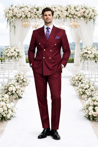 Rossiman Men’s Burgundy Slim Fit Double-Breasted Suit – Modern Two-Piece Formalwear