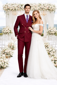 Rossiman Men’s Burgundy Slim Fit Double-Breasted Suit – Modern Two-Piece Formalwear