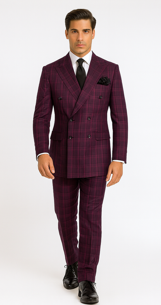 Rossiman Men’s Burgundy Windowpane Plaid Double-Breasted Suit