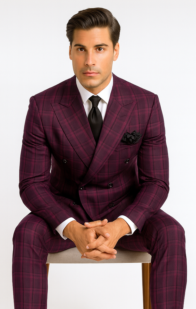 Rossiman Men’s Burgundy Windowpane Plaid Double-Breasted Suit