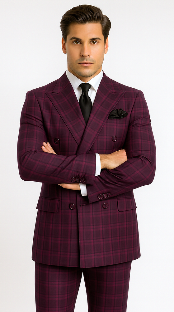 Rossiman Men’s Burgundy Windowpane Plaid Double-Breasted Suit