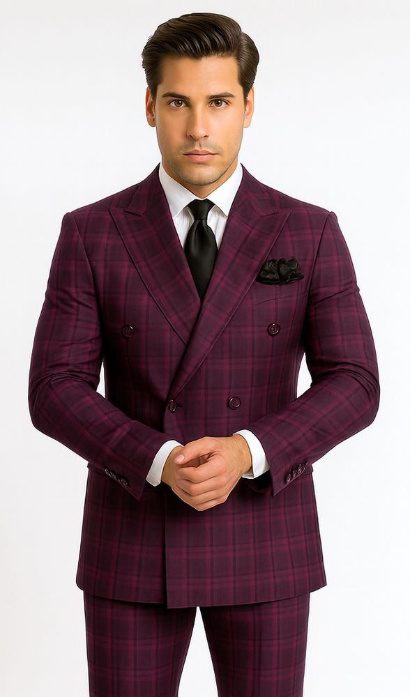 Rossiman Men’s Burgundy Windowpane Plaid Double-Breasted Suit