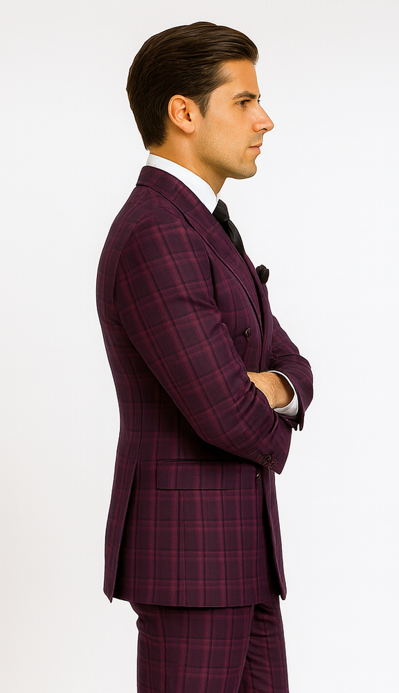 Rossiman Men’s Burgundy Windowpane Plaid Double-Breasted Suit