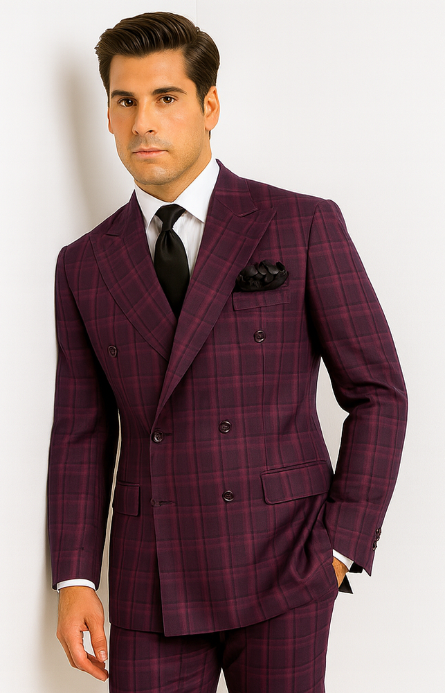 Rossiman Men’s Burgundy Windowpane Plaid Double-Breasted Suit