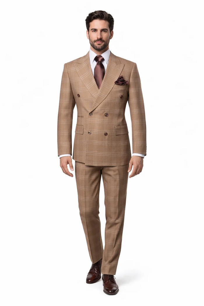 Rossiman Men’s Camel Tan Windowpane Plaid Double-Breasted Suit