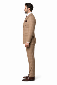 Rossiman Men’s Camel Tan Windowpane Plaid Double-Breasted Suit