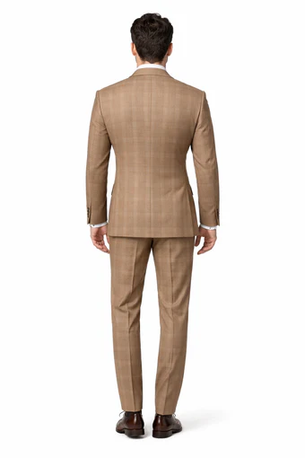 Rossiman Men’s Camel Tan Windowpane Plaid Double-Breasted Suit