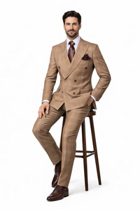 Rossiman Men’s Camel Tan Windowpane Plaid Double-Breasted Suit