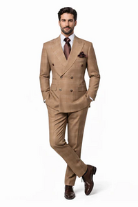 Rossiman Men’s Camel Tan Windowpane Plaid Double-Breasted Suit