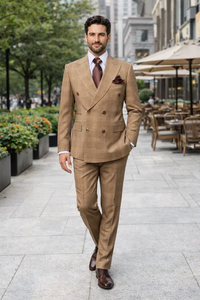 Rossiman Men’s Camel Tan Windowpane Plaid Double-Breasted Suit