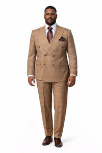 Rossiman Men’s Camel Tan Windowpane Plaid Double-Breasted Suit