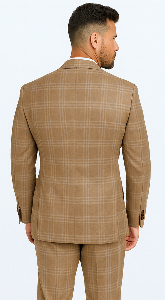 Rossiman Men’s Camel Tan Windowpane Plaid Double-Breasted Suit