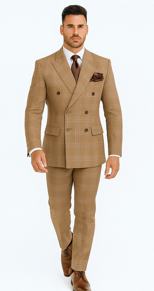 Rossiman Men’s Camel Tan Windowpane Plaid Double-Breasted Suit