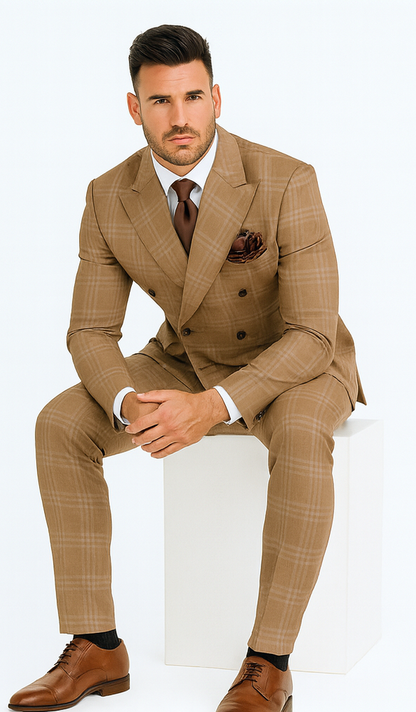 Rossiman Men’s Camel Tan Windowpane Plaid Double-Breasted Suit