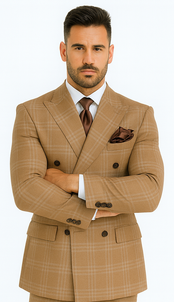 Rossiman Men’s Camel Tan Windowpane Plaid Double-Breasted Suit