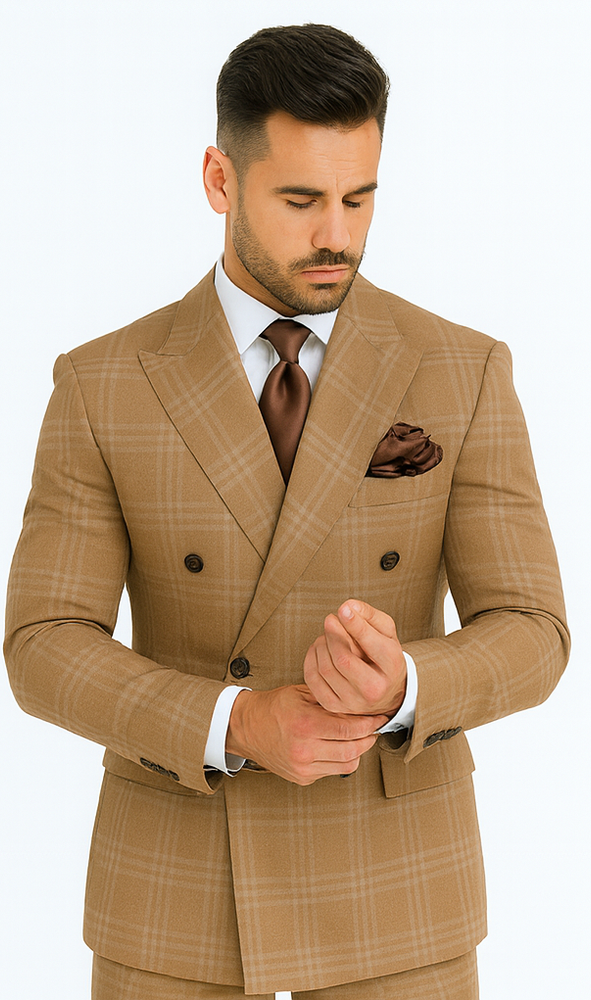 Rossiman Men’s Camel Tan Windowpane Plaid Double-Breasted Suit