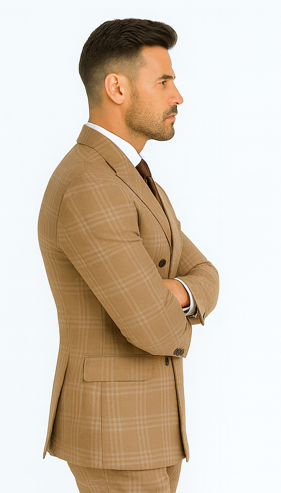 Rossiman Men’s Camel Tan Windowpane Plaid Double-Breasted Suit