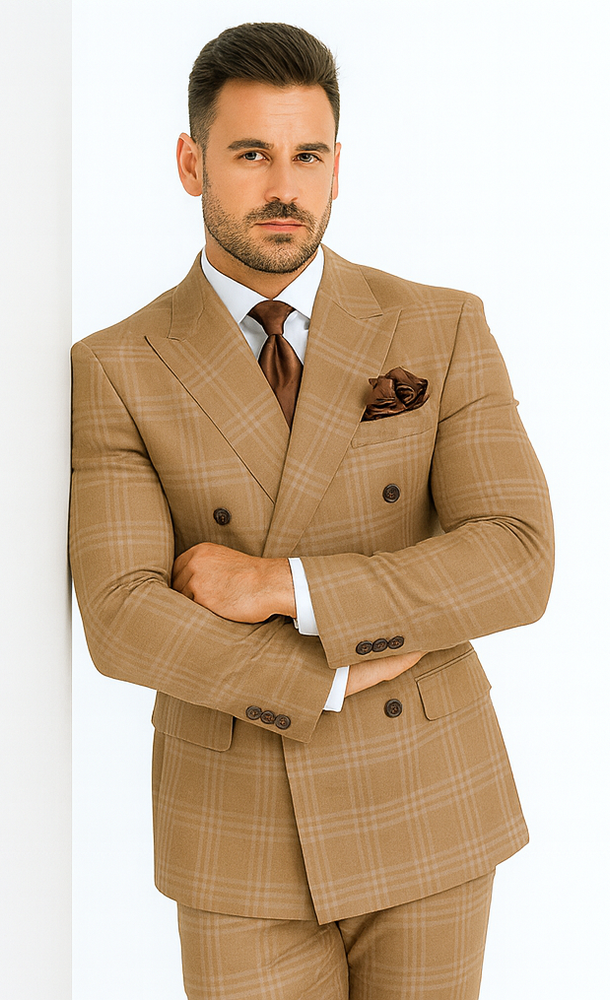 Rossiman Men’s Camel Tan Windowpane Plaid Double-Breasted Suit