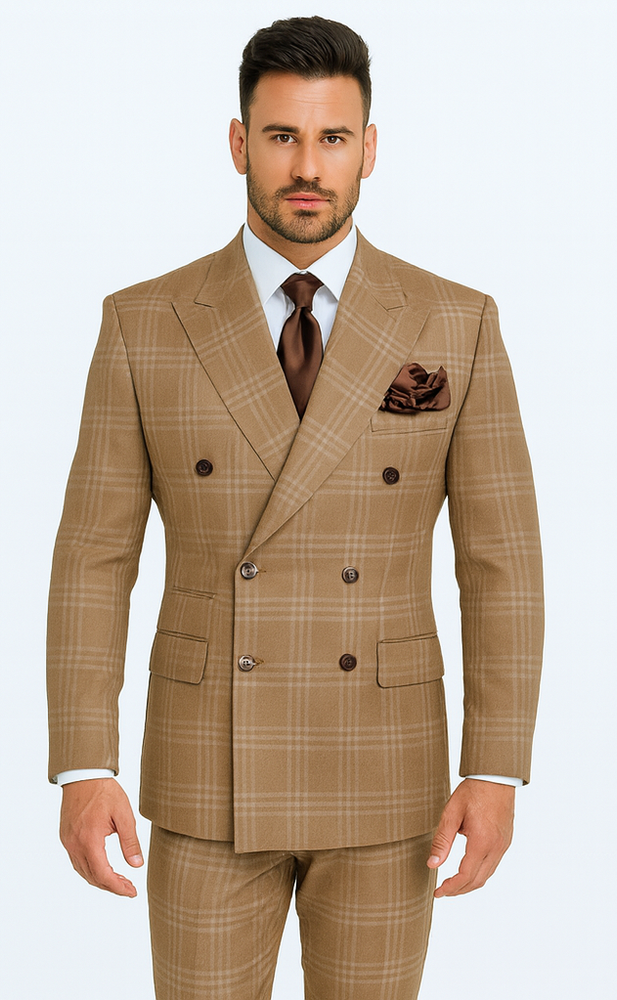 Rossiman Men’s Camel Tan Windowpane Plaid Double-Breasted Suit