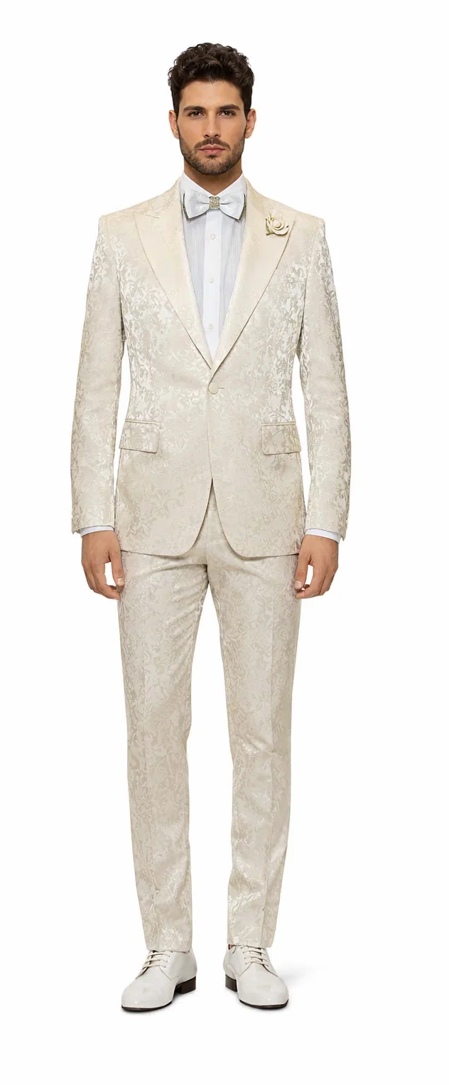 Men’s Champaign Ivory  Jacquard Paisley Tuxedo Suit with Satin Shawl Lapel – Elegant Wedding and Prom Outfit By Rossiman
