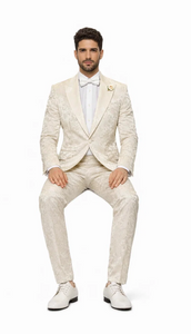 Men’s Champaign Ivory  Jacquard Paisley Tuxedo Suit with Satin Shawl Lapel – Elegant Wedding and Prom Outfit By Rossiman