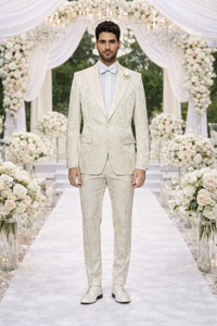 Men’s Champaign Ivory  Jacquard Paisley Tuxedo Suit with Satin Shawl Lapel – Elegant Wedding and Prom Outfit By Rossiman