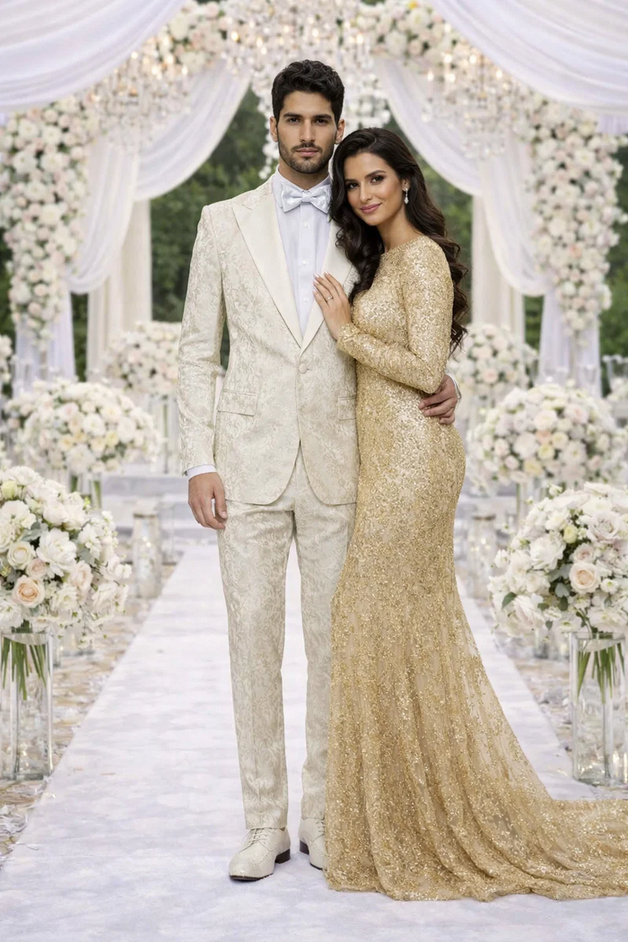 Men’s Champaign Ivory  Jacquard Paisley Tuxedo Suit with Satin Shawl Lapel – Elegant Wedding and Prom Outfit By Rossiman
