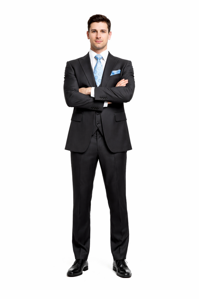 Rossiman Men’s Dark Gray Slim Fit Suit | 3-Piece Vested Set with Flat Front Pants – Italian Tailored Modern Elegance