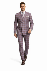 Rossiman Men’s Gray & Lavender Plaid Double-Breasted Suit