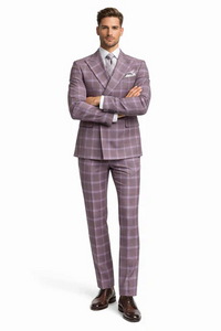 Rossiman Men’s Gray & Lavender Plaid Double-Breasted Suit