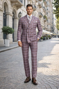 Rossiman Men’s Gray & Lavender Plaid Double-Breasted Suit