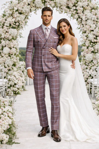 Rossiman Men’s Gray & Lavender Plaid Double-Breasted Suit