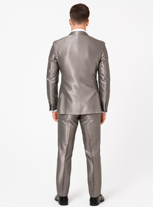 Rossiman Men’s Gray Shiny Sateen Suit | Sleek & Modern Formalwear – Italian Tailored Double-Breasted Luxury Suit