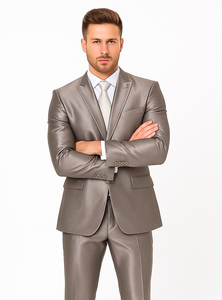Rossiman Men’s Gray Shiny Sateen Suit | Sleek & Modern Formalwear – Italian Tailored Double-Breasted Luxury Suit