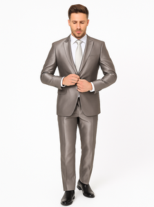 Rossiman Men’s Gray Shiny Sateen Suit | Sleek & Modern Formalwear – Italian Tailored Double-Breasted Luxury Suit